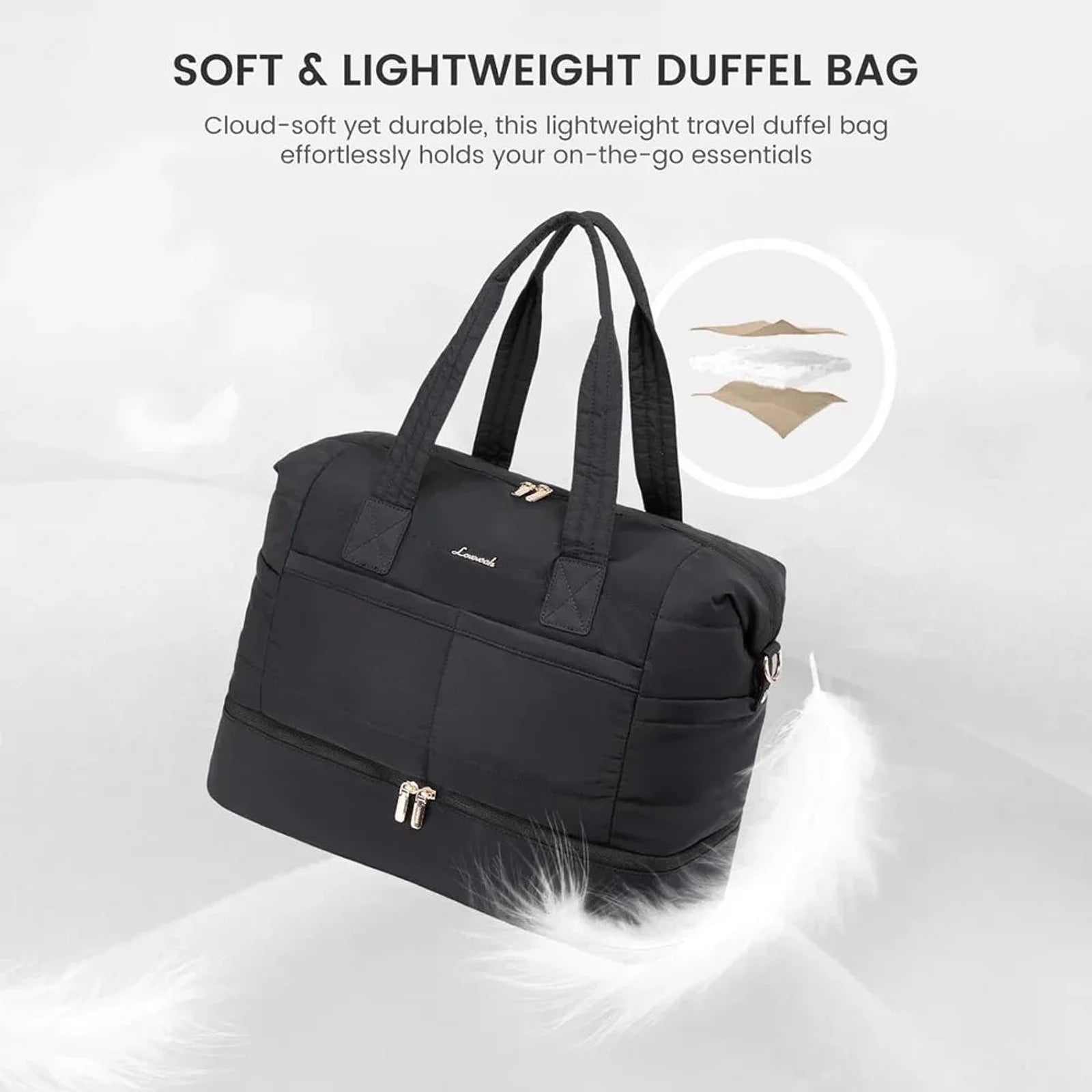 תיק נסיעות LOVEVOOK Travel Flex 40L בצבע שחור, קל משקל עם תא נעליים תחתון, מבט מזווית על רקע לבן