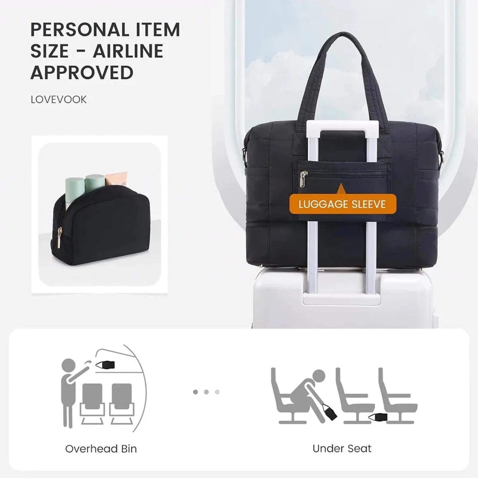תיק נסיעות LOVEVOOK Travel Flex 40L בצבע שחור עם רצועת השחלה למזוודה, מאושר כ-Carry On אישי לטיסה, מוצמד לידית מזוודה