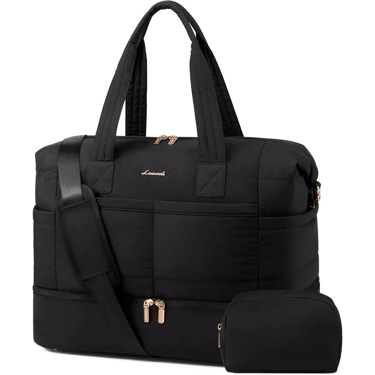 תיק נסיעות LOVEVOOK Travel Flex 40L בצבע שחור עם תא נעליים ורצועת כתף, תיק weekender לנסיעות קצרות, מבט מלפנים