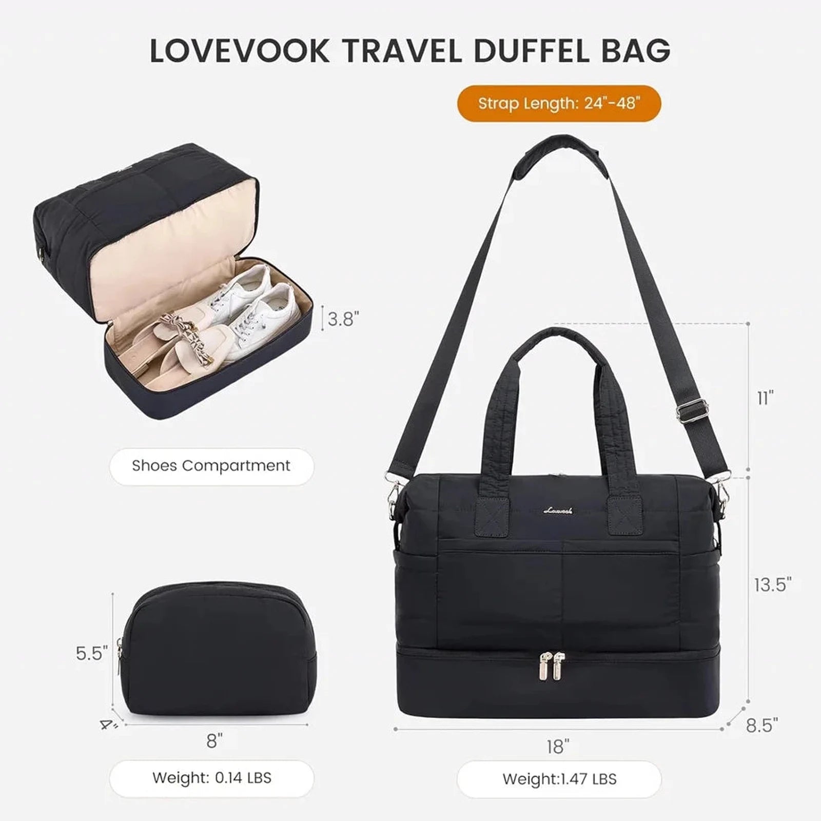 תיק LOVEVOOK Travel Flex 40L שחור עם תא נעליים פתוח ותרשים מידות: רוחב 46.5, גובה 35, עומק 21 ס״מ