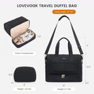 תיק LOVEVOOK Travel Flex 40L שחור עם תא נעליים פתוח ותרשים מידות: רוחב 46.5, גובה 35, עומק 21 ס״מ