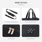 תקריבים של תיק LOVEVOOK Travel Flex 40L: רצועת כתף נשלפת, ידיות מרופדות, רוכסנים עמידים ובד עמיד למים