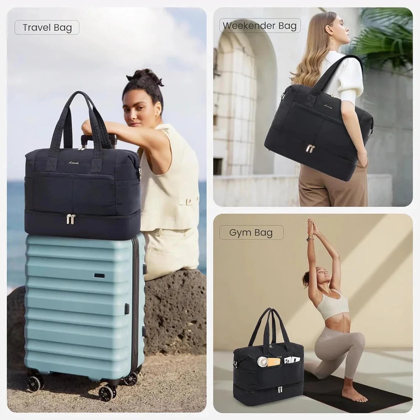 תיק נסיעות LOVEVOOK Travel Flex 40L בצבע שחור בשימוש כתיק נסיעות, תיק weekender ותיק חדר כושר, בנפח 40 ליטר
