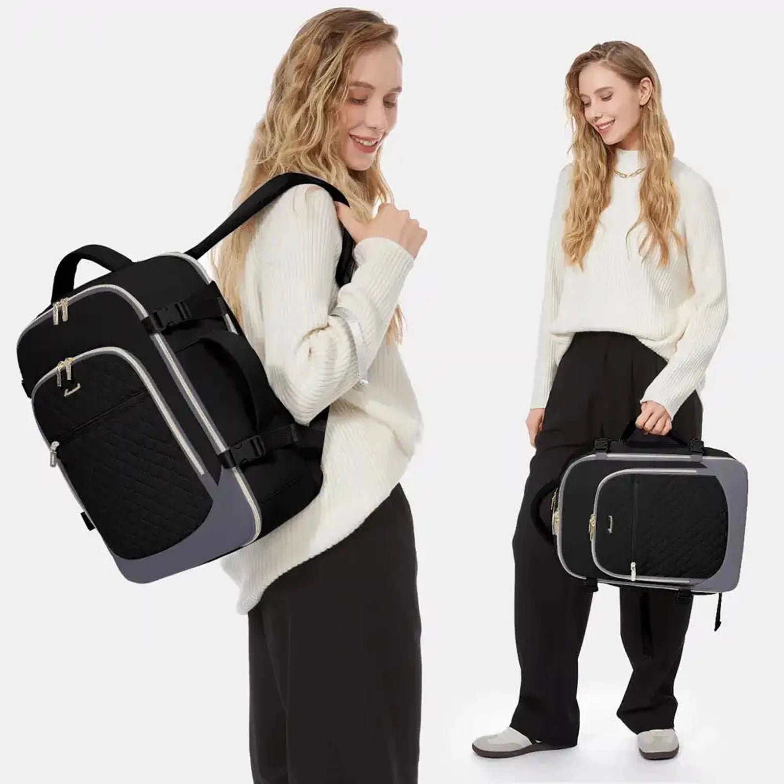 תיק גב נסיעות LOVEVOOK Urban Voyage 35L נשי בצבע שחור על גב של אישה, מבט צידי ונשיאה ביד