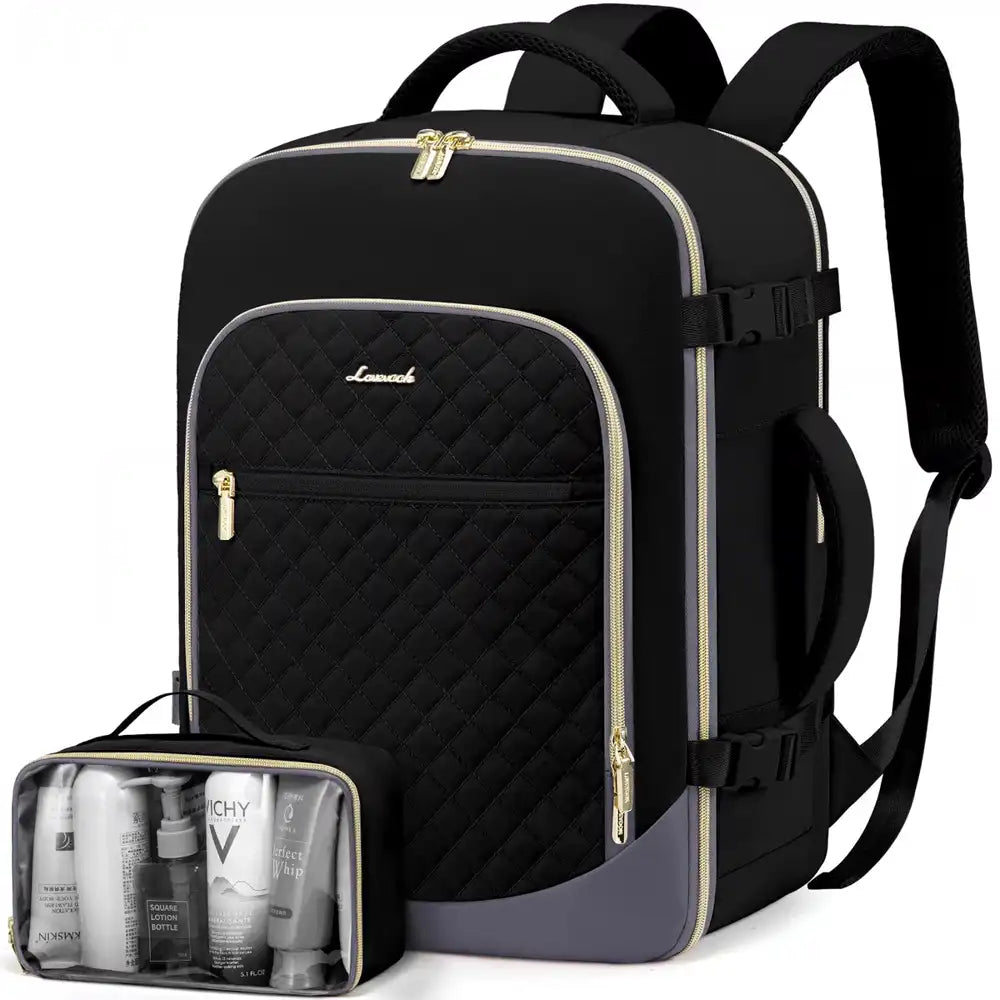 תיק גב נסיעות LOVEVOOK Urban Voyage 35L נשי בצבע שחור, עם תיק קוסמטיקה עמיד למים, מבט מלפנים