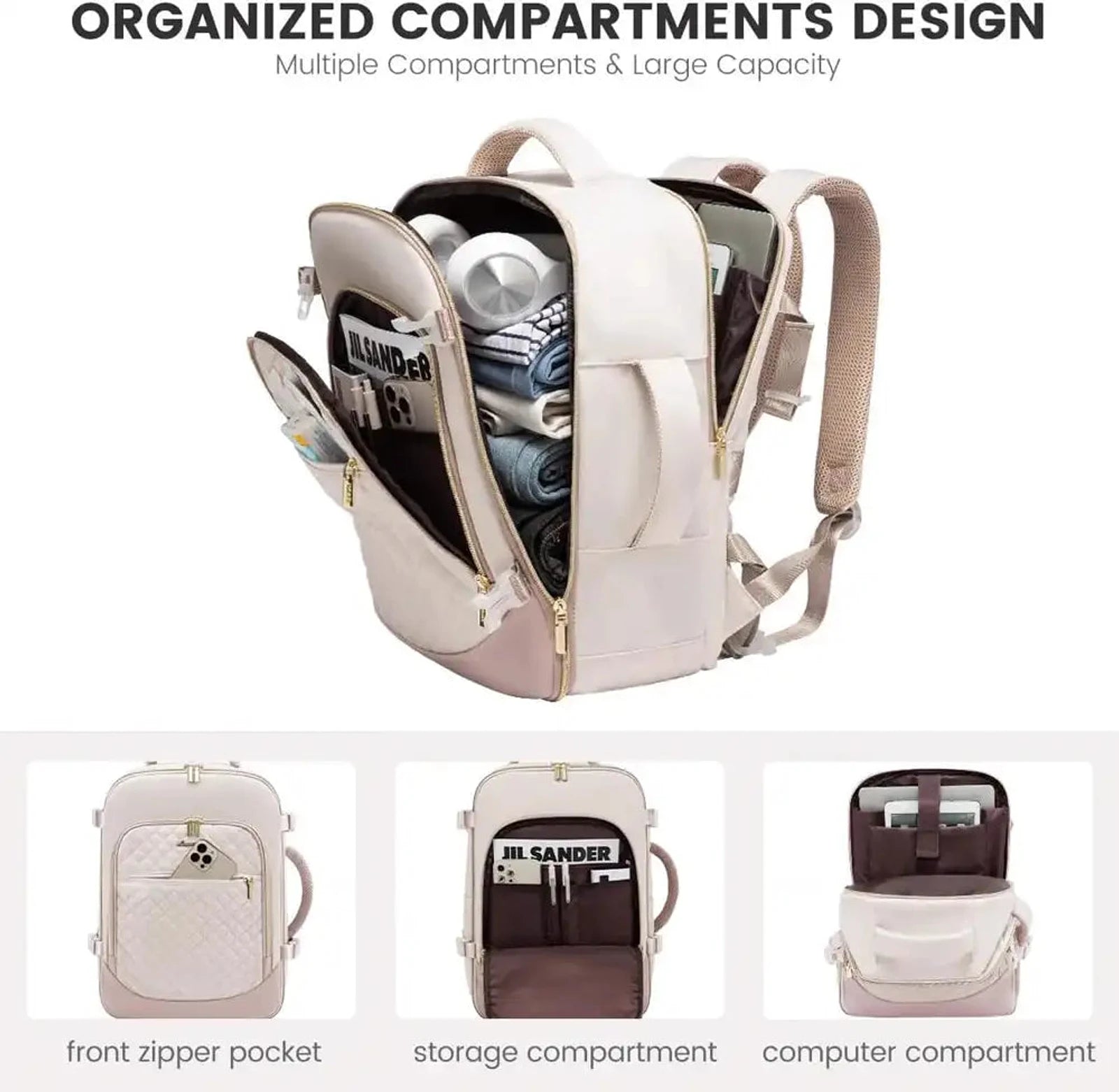 תיק גב LOVEVOOK Urban Voyage 35L נשי בצבע אוף-ווייט פתוח, תאים מרווחים עם תא ייעודי ללפטופ