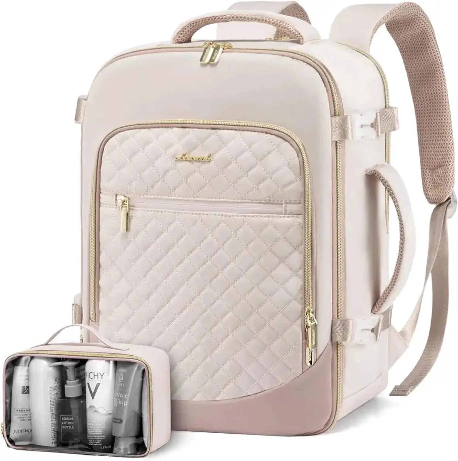 תיק גב נסיעות LOVEVOOK Urban Voyage 35L נשי בצבע אוף-ווייט עם תיק קוסמטיקה עמיד למים, מבט מלפנים