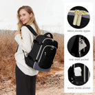 תיק גב LOVEVOOK Urban Voyage 35L נשי בצבע שחור, מציג רוכסן מתכת כפול, כיס נגד גניבה וכיס לבקבוק מים