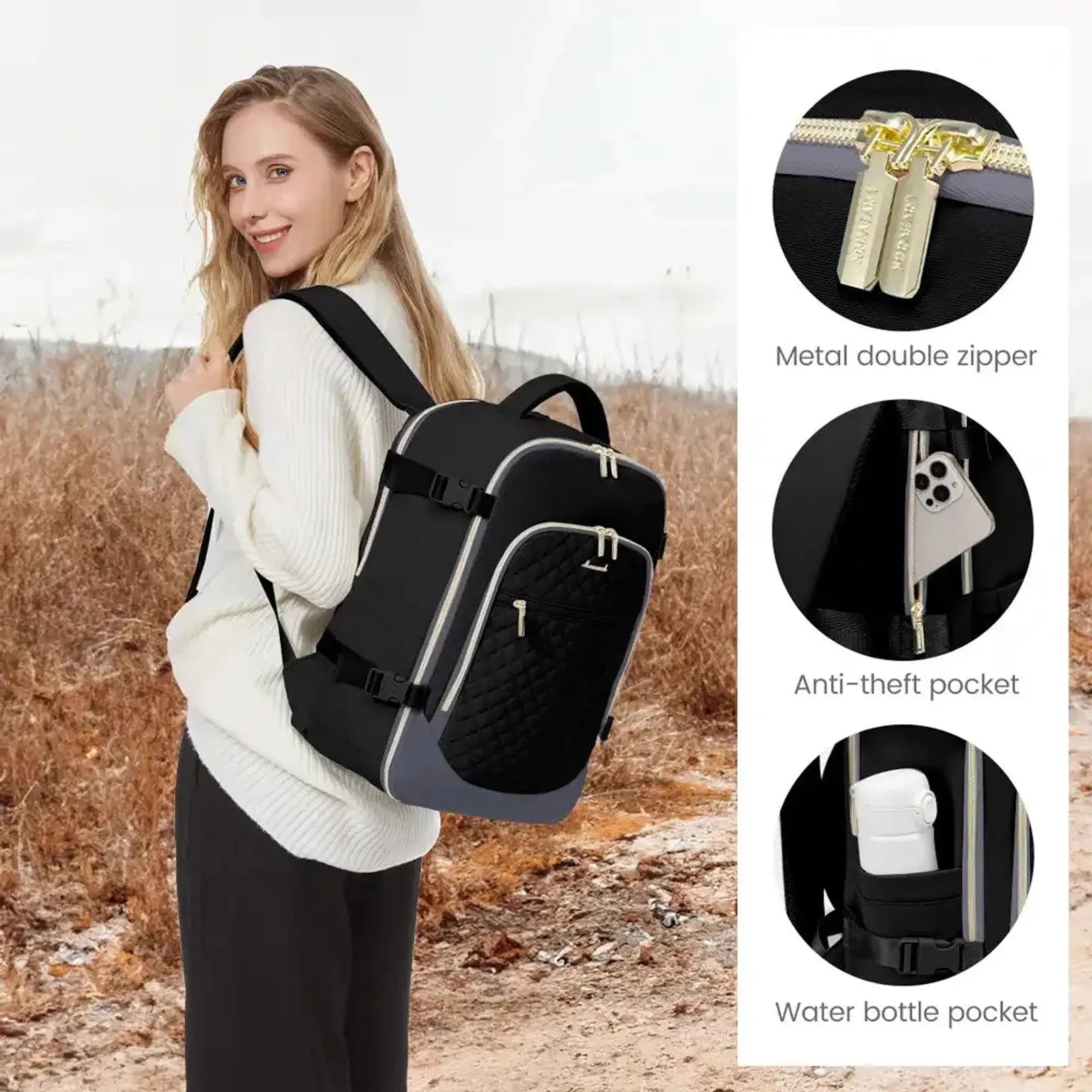 תיק גב LOVEVOOK Urban Voyage 35L נשי בצבע שחור, מציג רוכסן מתכת כפול, כיס נגד גניבה וכיס לבקבוק מים