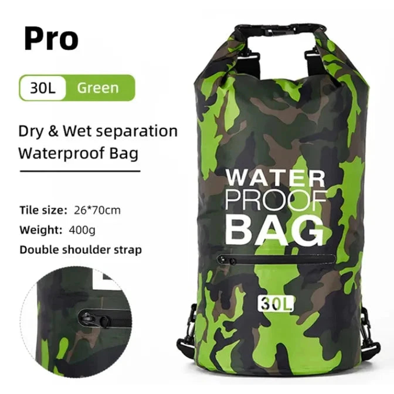 תיק אטום למים Luckstone Pro 30 ליטר ירוק קמופלאז׳, מפרט 26x70 ס"מ, רצועות כתף כפולות ורוכסן קדמי