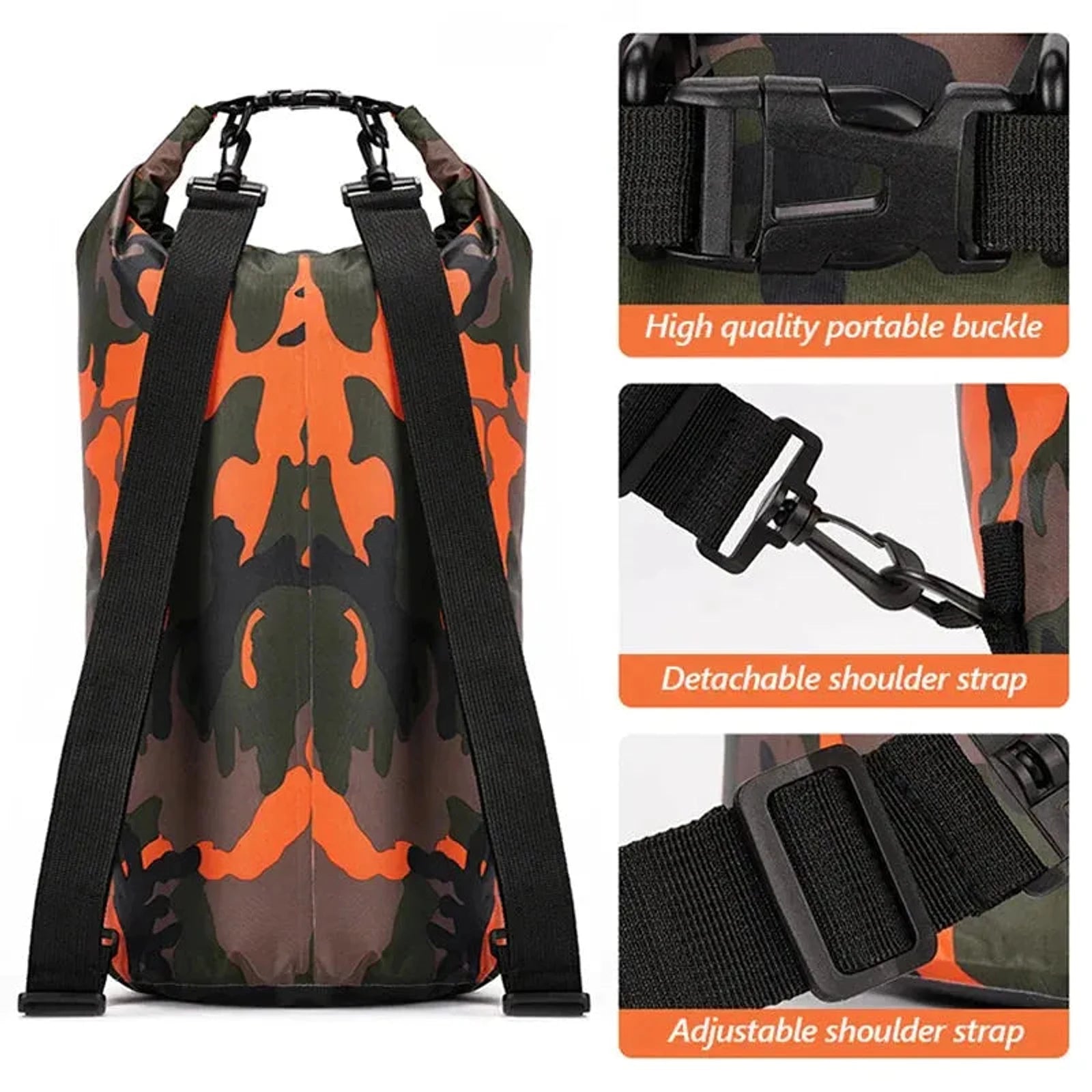 תיק אטום למים Luckstone Pro 30 ליטר כתום, מבט מאחור עם רצועות כתף כפולות מתכווננות ואבזמים חזקים