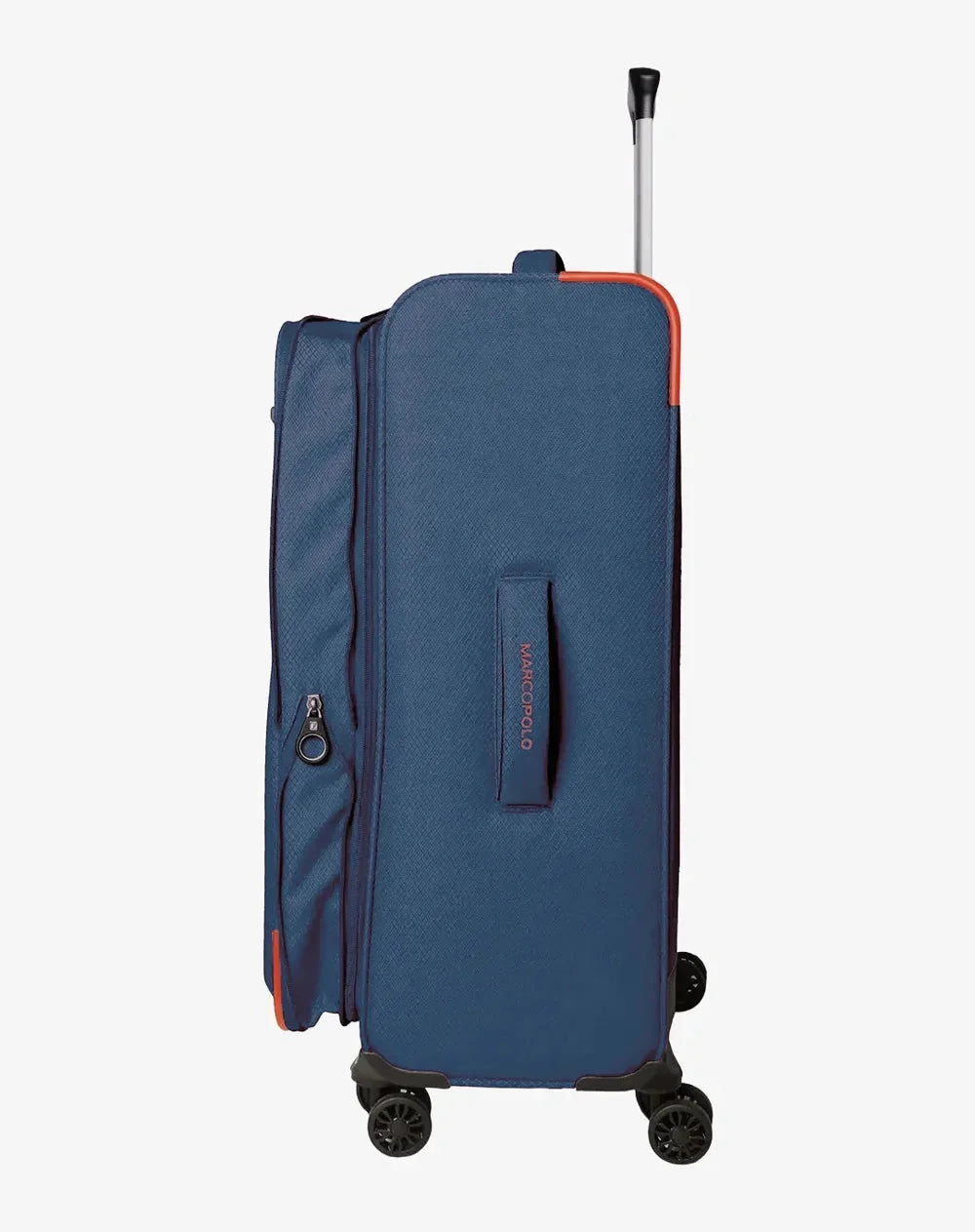מזוודת בד Marco Polo Discovery 24 אינץ' כחולה, מבט מהגב עם תא הרחבה וידית צד ארגונומית