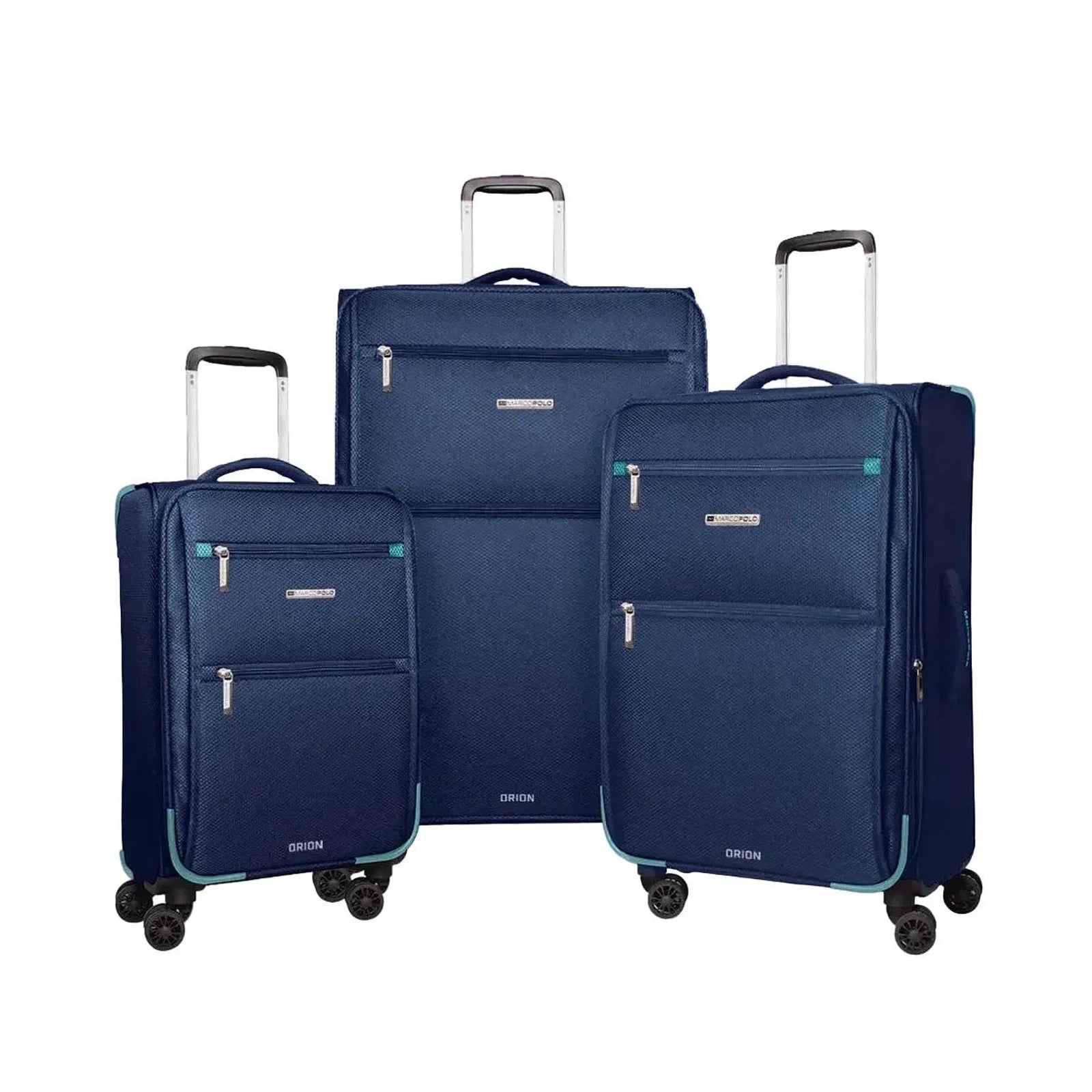 סט שלוש מזוודות בד Marco Polo Orion בצבע נייבי, פוליאסטר 600D, גלגלי ספינר 360, מבט קדמי