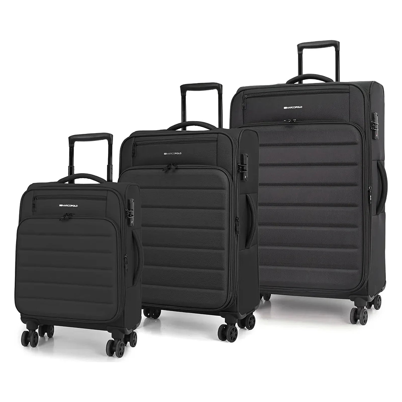 סט 3 מזוודות בד MARCO POLO SKYLINE בצבע שחור, מזוודות 20 24 ו-28 אינץ עם ידיות טלסקופיות פרוסות על רקע לבן