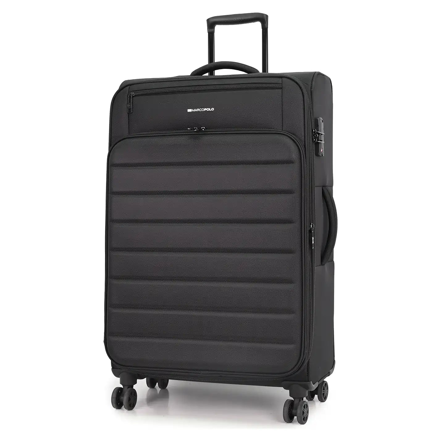 מזוודת בד MARCO POLO SKYLINE בצבע שחור 28 אינץ הגדולה, מבט זווית עם ידית טלסקופית פרוסה