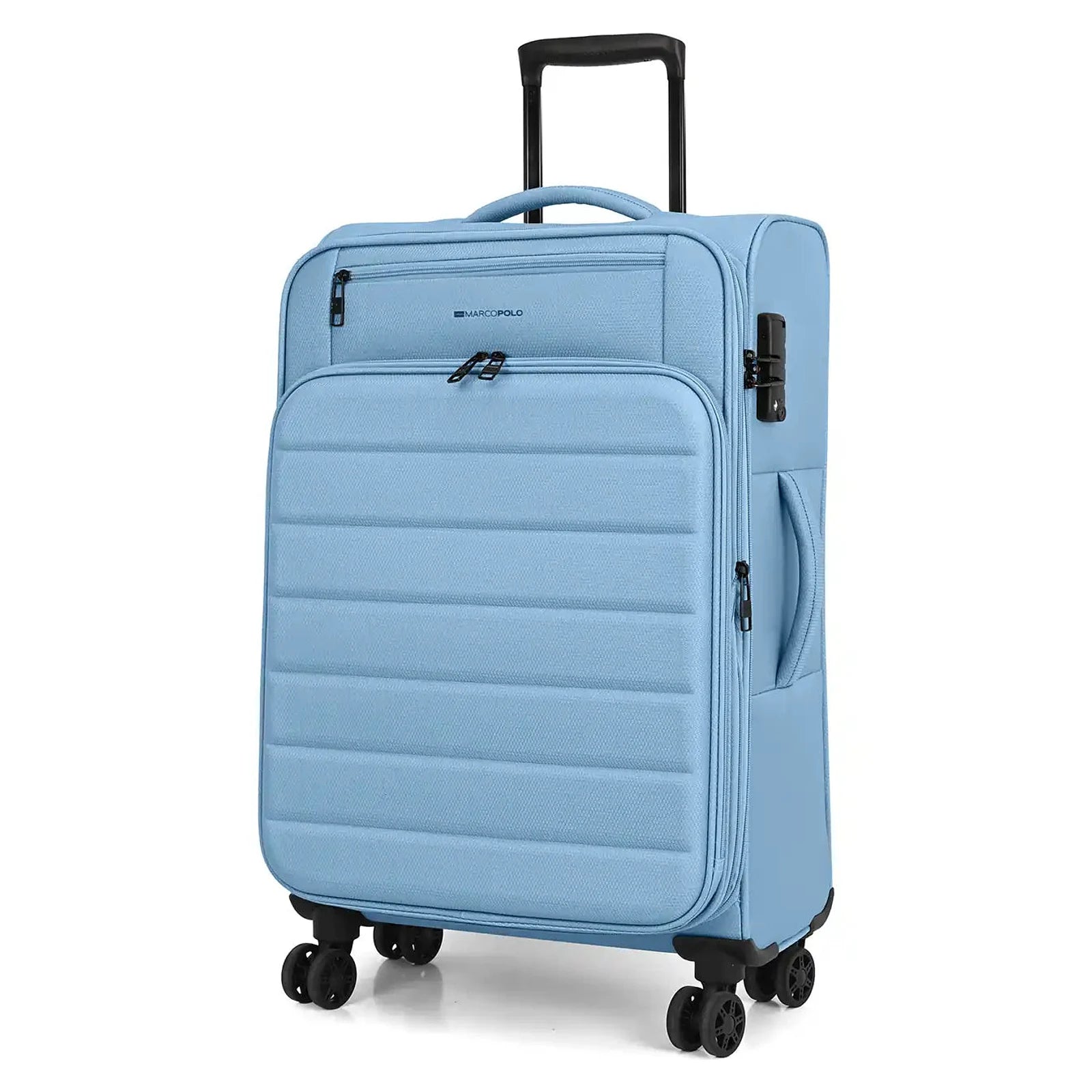מזוודת בד בינונית MARCO POLO SKYLINE בצבע תכלת 24 אינץ, מבט זווית עם ידית טלסקופית פרוסה ובד פוליאסטר 600D