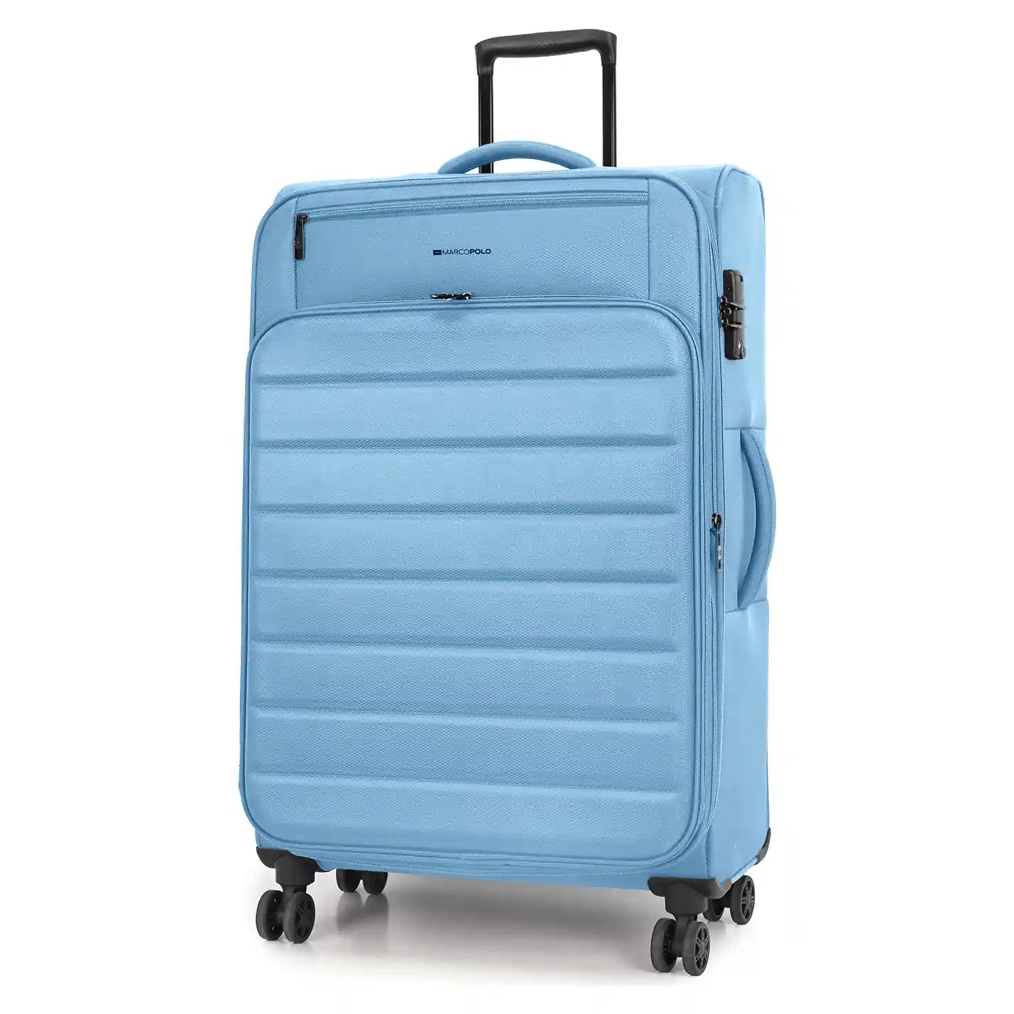 מזוודת בד MARCO POLO SKYLINE בצבע תכלת 28 אינץ הגדולה, מבט זווית עם ידית טלסקופית פרוסה ובד פוליאסטר