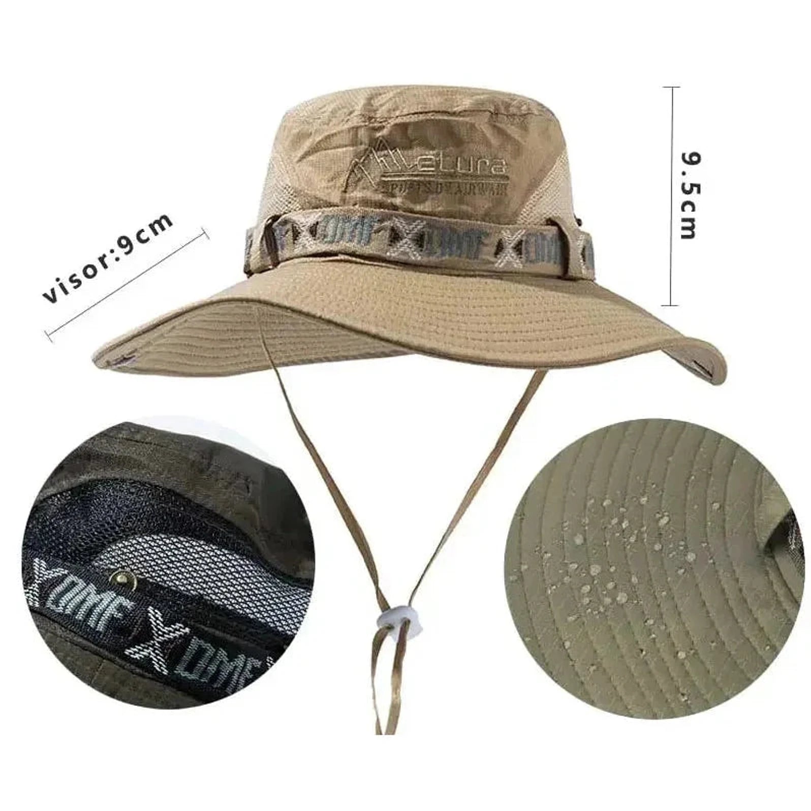 כובע Metura DMF-X בז, מידות שוליים 9 ס"מ ורוחב 9.5 ס"מ, רשת אוורור וכפתורי snap בשוליים