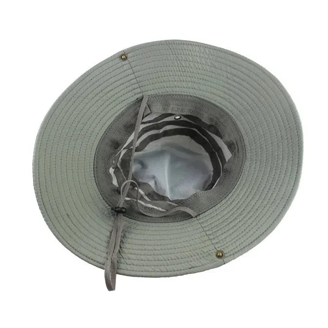 מבט עילי על כובע Metura DMF-X ירוק אפור, שוליים רחבים 360 מעלות להגנת UV לקמפינג ודיג