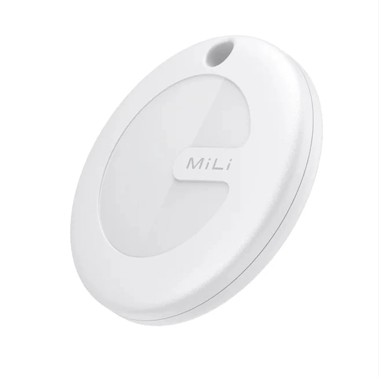 תג איתור חכם MiLi MiTag לבן מבט קדמי עם לוגו לאיתור מזוודות ותיקים תואם אייפון ואנדרואיד עמיד IP67