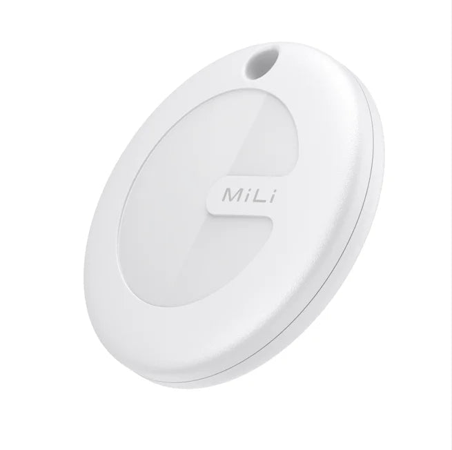 תג איתור חכם MiLi MiTag לבן מבט קדמי עם לוגו לאיתור מזוודות ותיקים תואם אייפון ואנדרואיד עמיד IP67