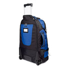 דאפל Outdoor Revolution Base Camp PRO 1200D בצבע כחול, מבט אחורי בזווית עם הידית הטלסקופית ותג השם