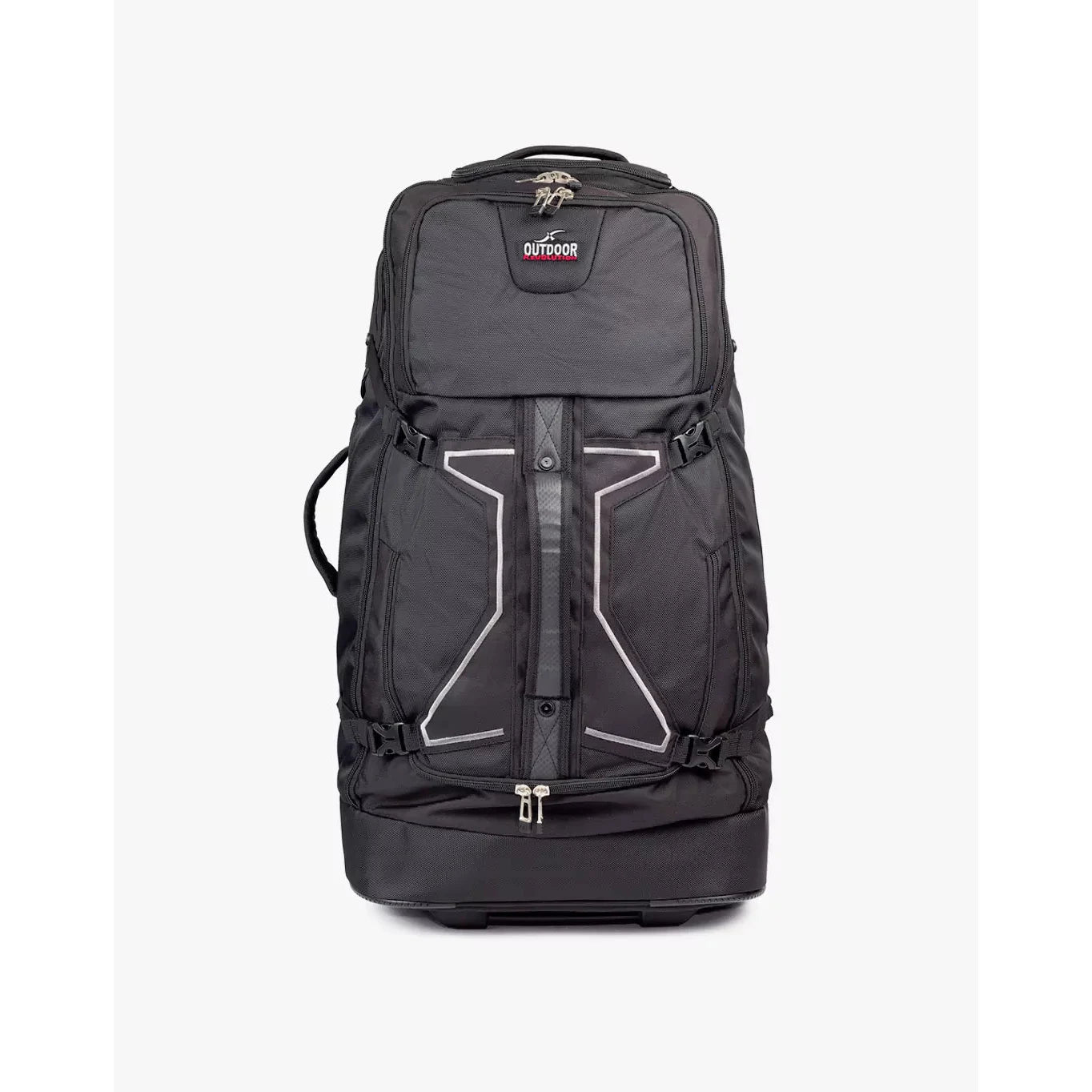 תיק דאפל Outdoor Revolution Base Camp PRO 1200D במבט קדמי ישיר עם רצועות כיווץ זוהרות וחיזוקים ארגונומיים