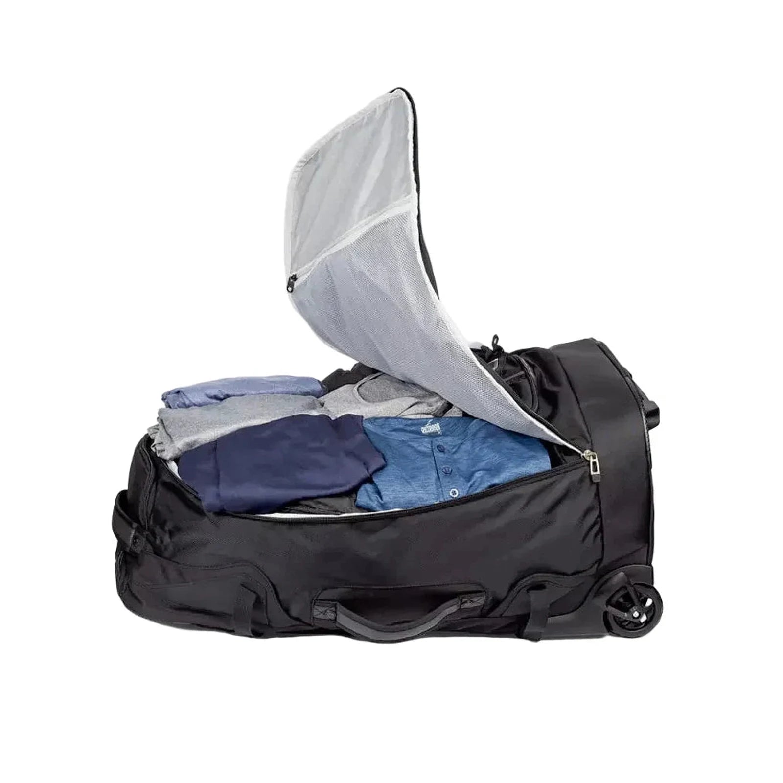 תיק דאפל Base Camp PRO 1200D פתוח עם תא ראשי 105 ליטר ורשת פנימית מאווררת המציגה אריזת בגדים מסודרת