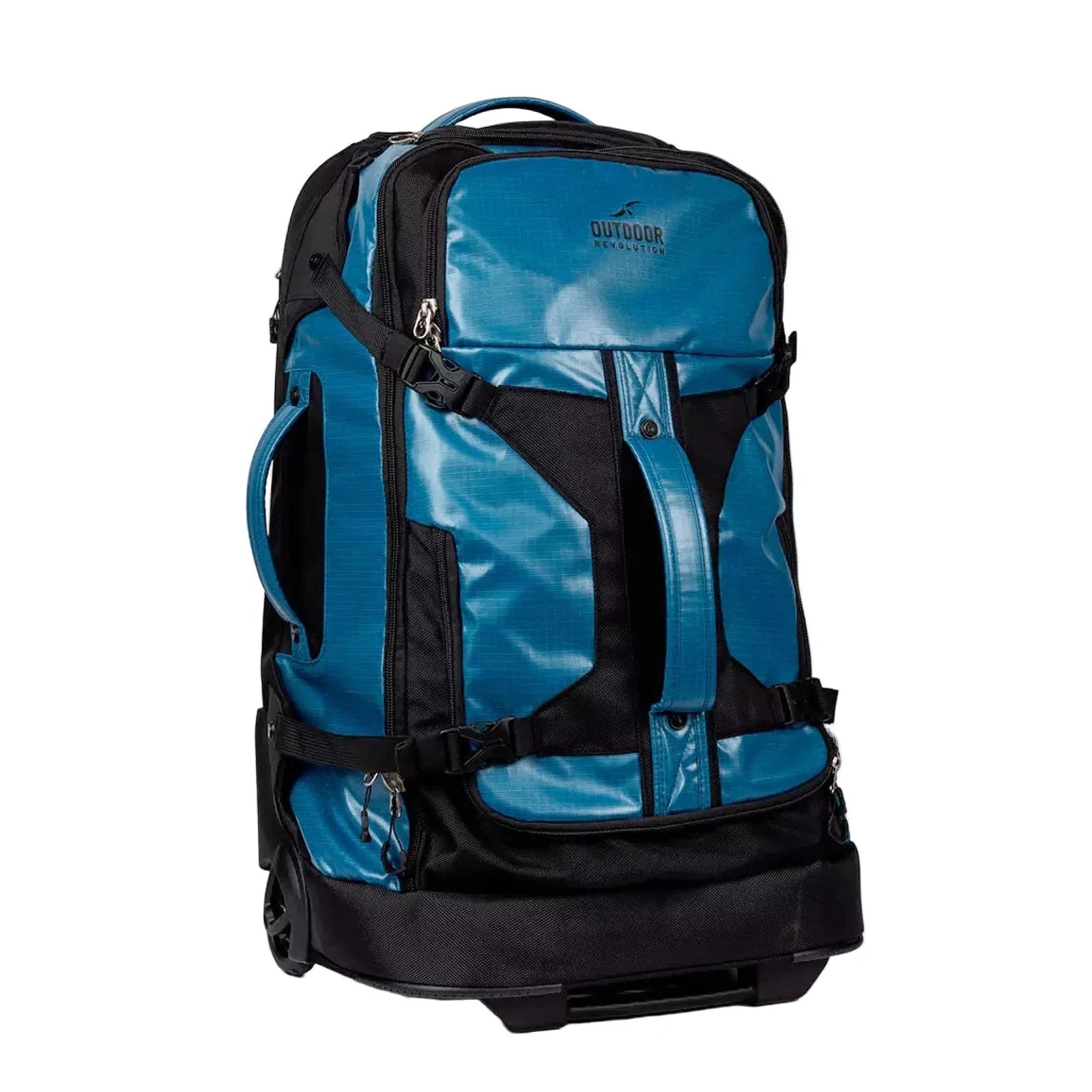 תיק דאפל על גלגלים Outdoor Revolution Base Camp Pro 30 בצבע כחול בנפח 105 ליטר עם לוגו חזיתי