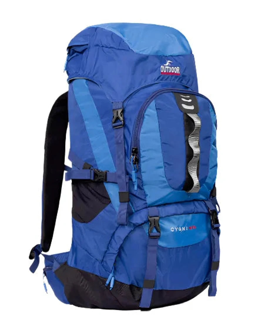 תיק טיולים 45 ליטר Outdoor Revolution דגם Cygni בצבע כחול, עשוי פוליאסטר 200D עמיד במים עם מערכת גב מאווררת, מבט מלפנים