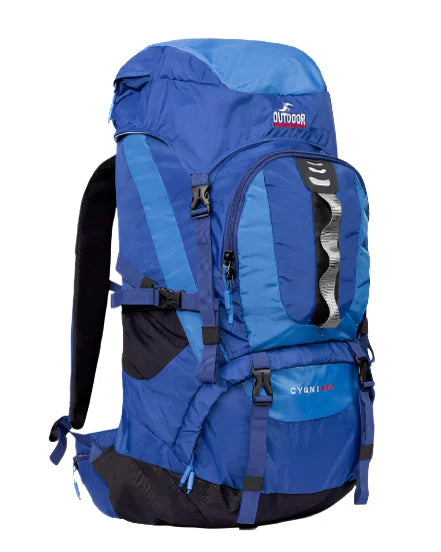 תיק טיולים 45 ליטר Outdoor Revolution דגם Cygni בצבע כחול, עשוי פוליאסטר 200D עמיד במים עם מערכת גב מאווררת, מבט מלפנים