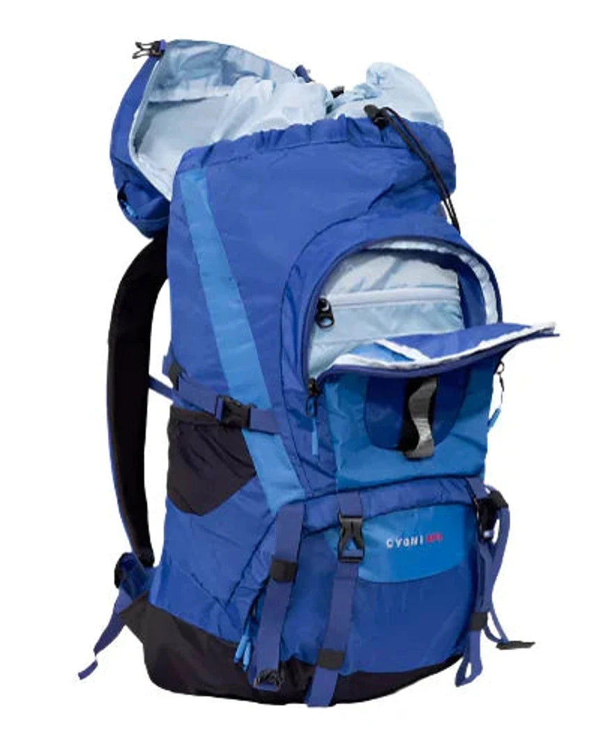 תרמיל טיולים Outdoor Revolution Cygni 45L בצבע כחול עם תא ראשי גדול בהרחבה, מבט על התאים הפנימיים הפתוחים