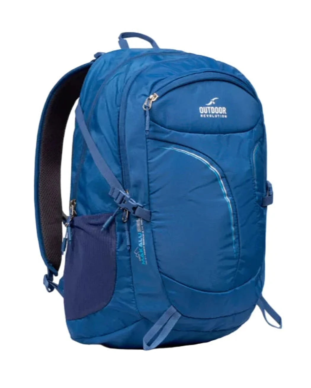 תרמיל יום עם גב רשת אורטופדי Outdoor Revolution Makalu 28 ליטר בצבע כחול, מבט קדמי, כיסי רשת לבקבוקים בצדדים