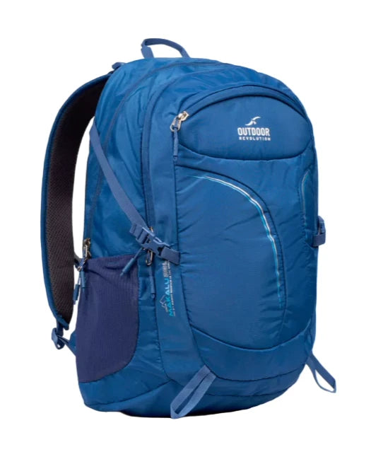 תרמיל יום עם גב רשת אורטופדי Outdoor Revolution Makalu 28 ליטר בצבע כחול, מבט קדמי, כיסי רשת לבקבוקים בצדדים