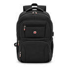 תיק גב POLO SWISS PILOT בצבע שחור במבט קדמי ישר, עם שקע USB מובנה בצד וכיסי רשת לבקבוקים