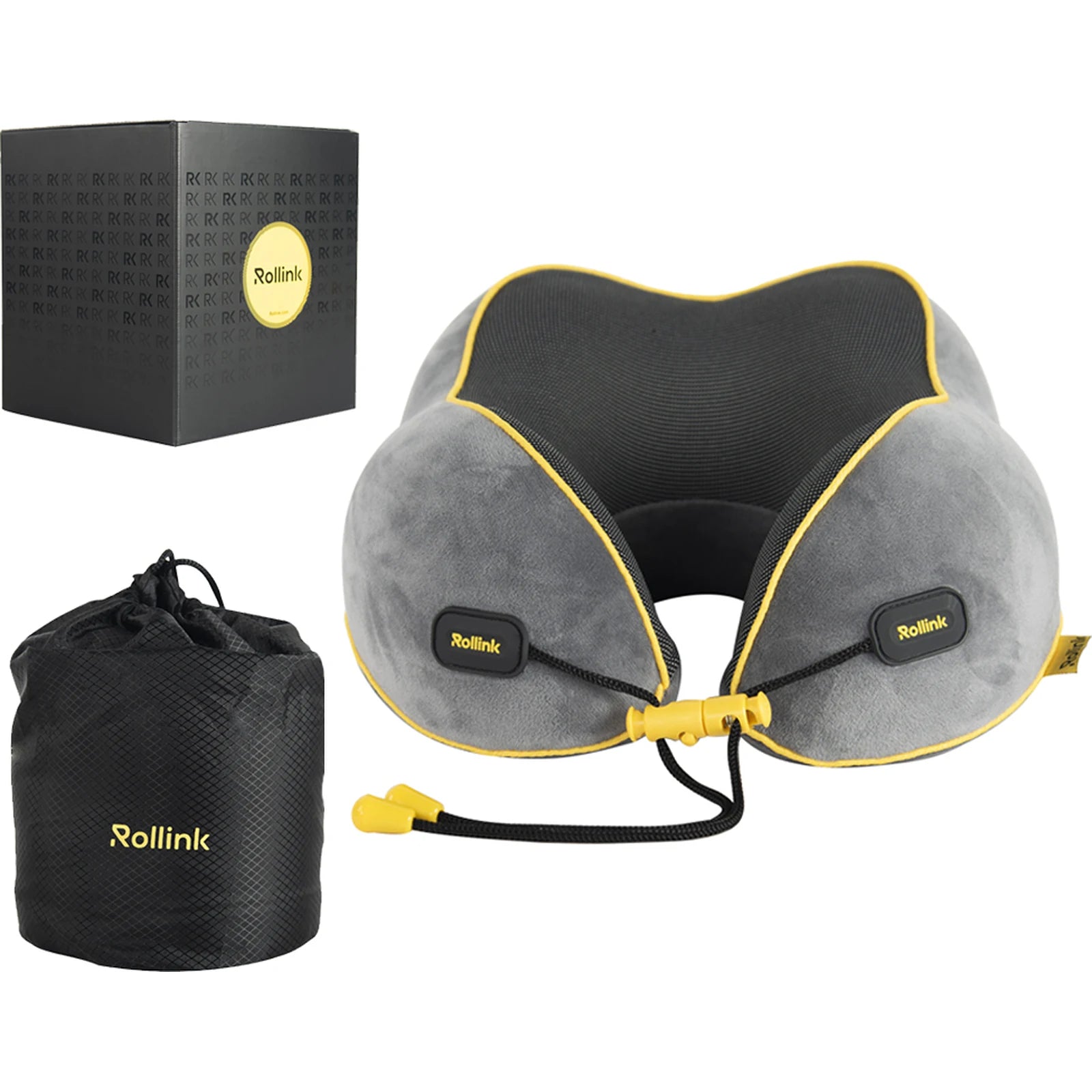 ערכת כרית צוואר Rollink - כרית Memory Foam אפורה עם רצועת סגירה, נרתיק נשיאה ואריזת מתנה
