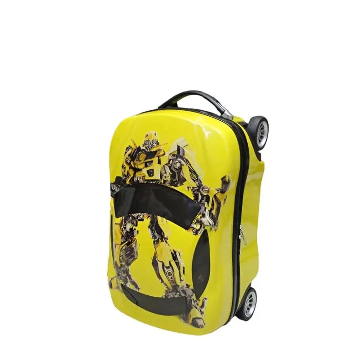 מזוודת ילדים קשיחה 18" RollyBear בעיצוב מכונית ספורט צהובה עם 4 גלגלים, מבט מהצד בזווית שלושת-רבעי