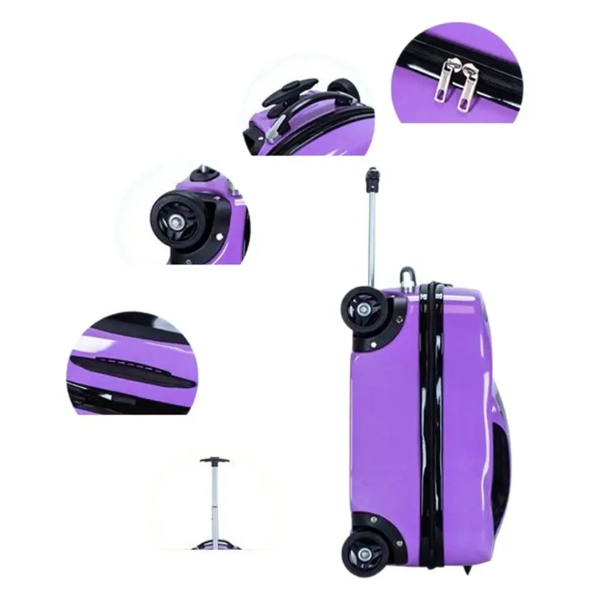 מזוודת ילדים קשיחה RollyBear 18 אינץ׳ סגולה, תקריב גלגלים רוכסן וידית טרולי טלסקופית