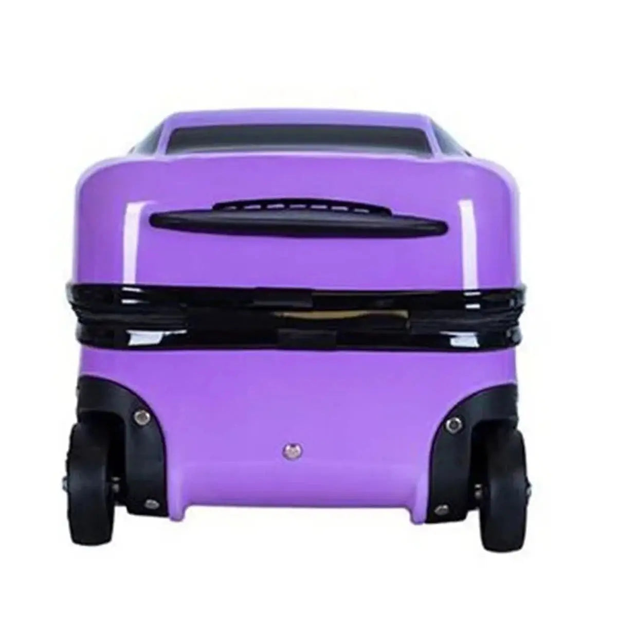 מזוודת ילדים קשיחה RollyBear 18 אינץ׳ סגולה בעיצוב מכונית ספורט, מבט חזית מלפנים בזווית נמוכה