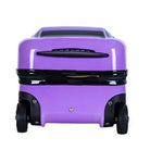 מזוודת ילדים קשיחה RollyBear 18 אינץ׳ סגולה בעיצוב מכונית ספורט, מבט חזית מלפנים בזווית נמוכה
