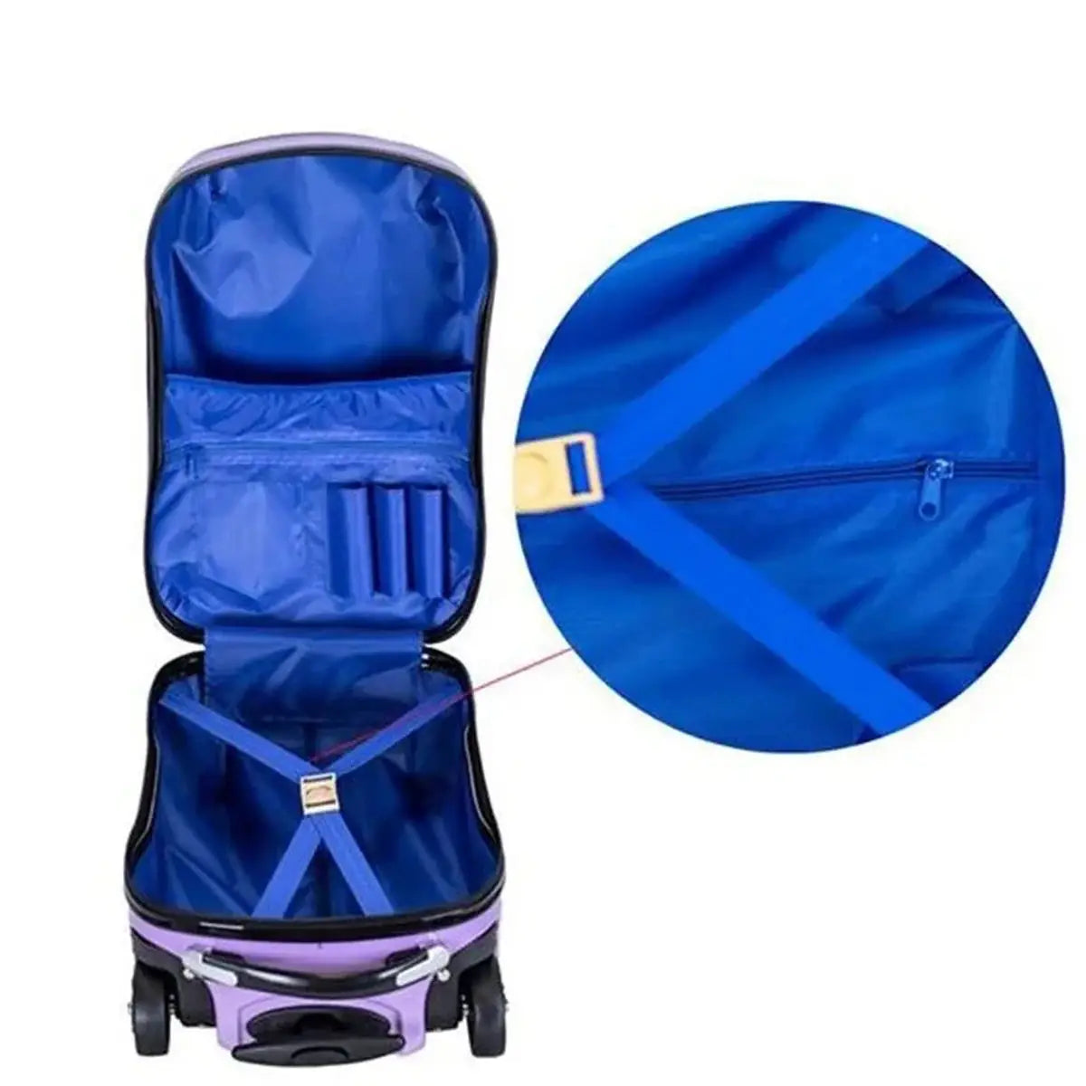 מזוודת ילדים קשיחה RollyBear 18 אינץ׳ סגולה פתוחה, חלל פנימי מרווח עם אורגנייזר בצבע כחול