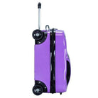 מזוודת ילדים קשיחה RollyBear 18 אינץ׳ סגולה בעיצוב מכונית ספורט, מבט צד עם ידית טרולי