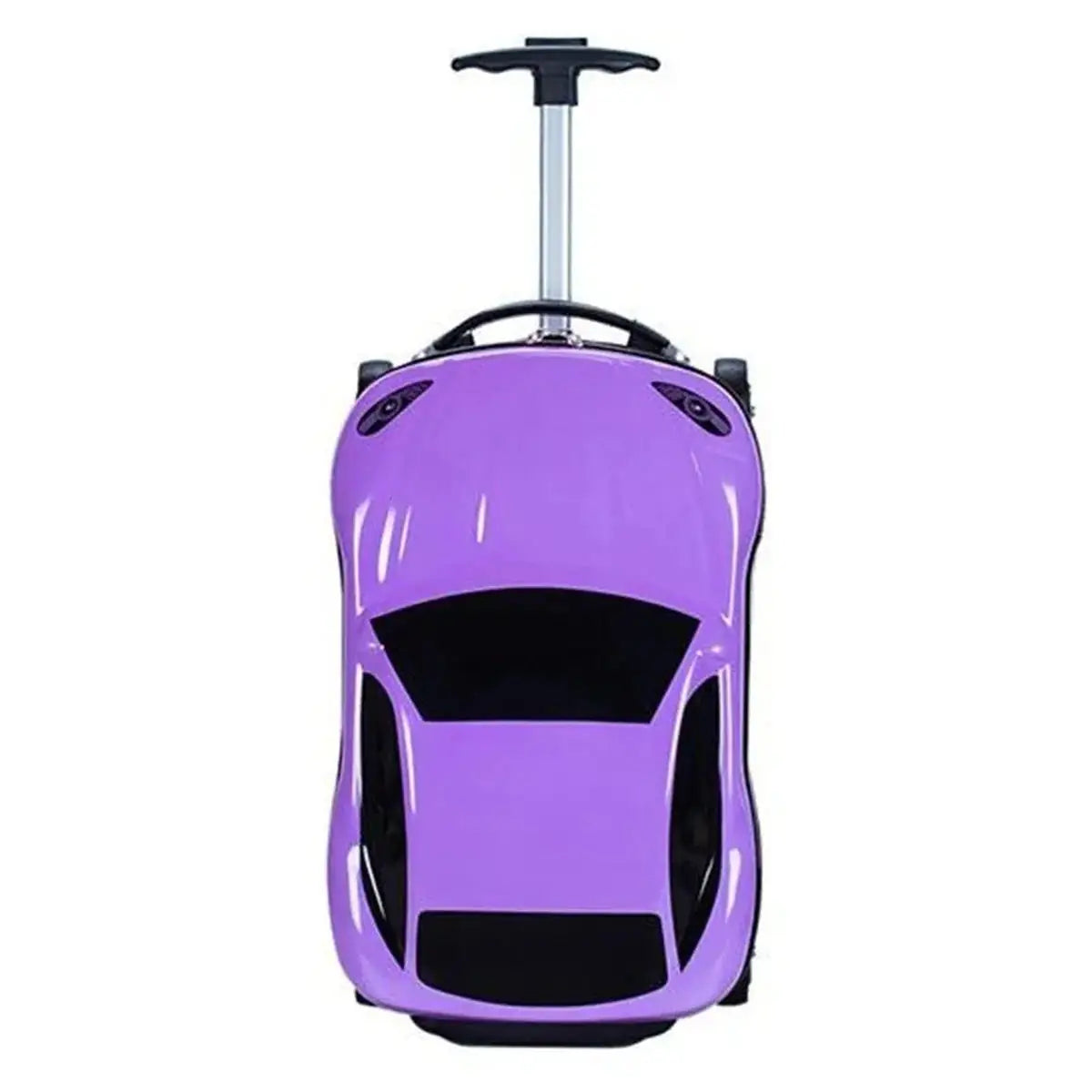 מזוודת ילדים קשיחה RollyBear 18 אינץ׳ סגולה בעיצוב מכונית ספורט, מבט חזית עליונה עם ידית נשלפת