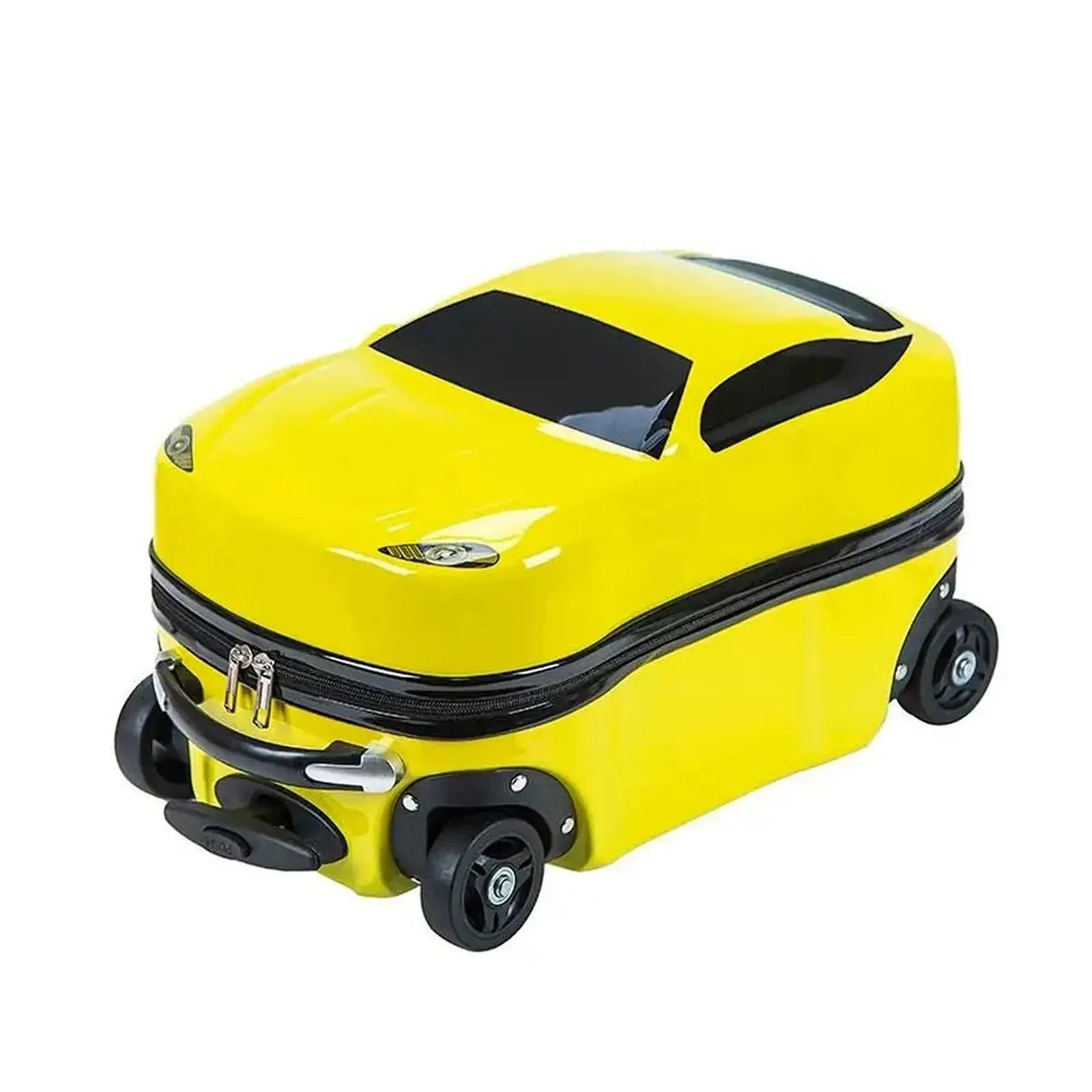מזוודת ילדים קשיחה RollyBear 18 אינץ׳ בצבע צהוב בעיצוב מכונית ספורט, מבט איזומטרי עם גלגלים
