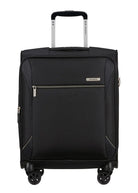 מזוודת טרולי Samsonite Base Breeze 20 אינץ בצבע שחור עם ידית טלסקופית פרוסה, מבט מלפנים הכולל כיס קדמי ולוגו
