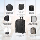 תרשים תכונות מזוודת Samsonite C-lite Spinner 20 אינץ׳ גלגלי סיליקון מנעול TSA ותא פנימי, מזוודה קלה בעולם
