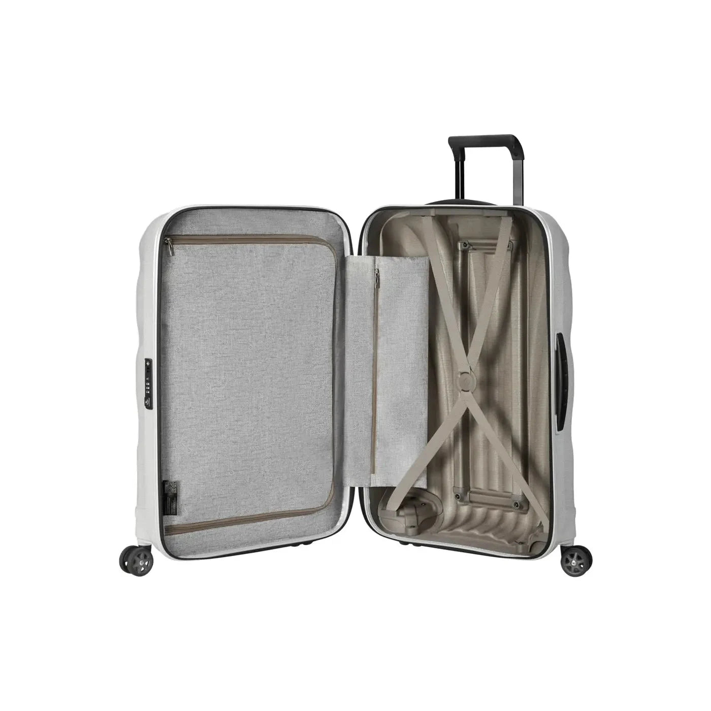 מזוודה קשיחה Samsonite C-lite Spinner פתוחה, תאים פנימיים עם רצועות אלסטיות ומחיצת רוכסן לסדר מקסימלי
