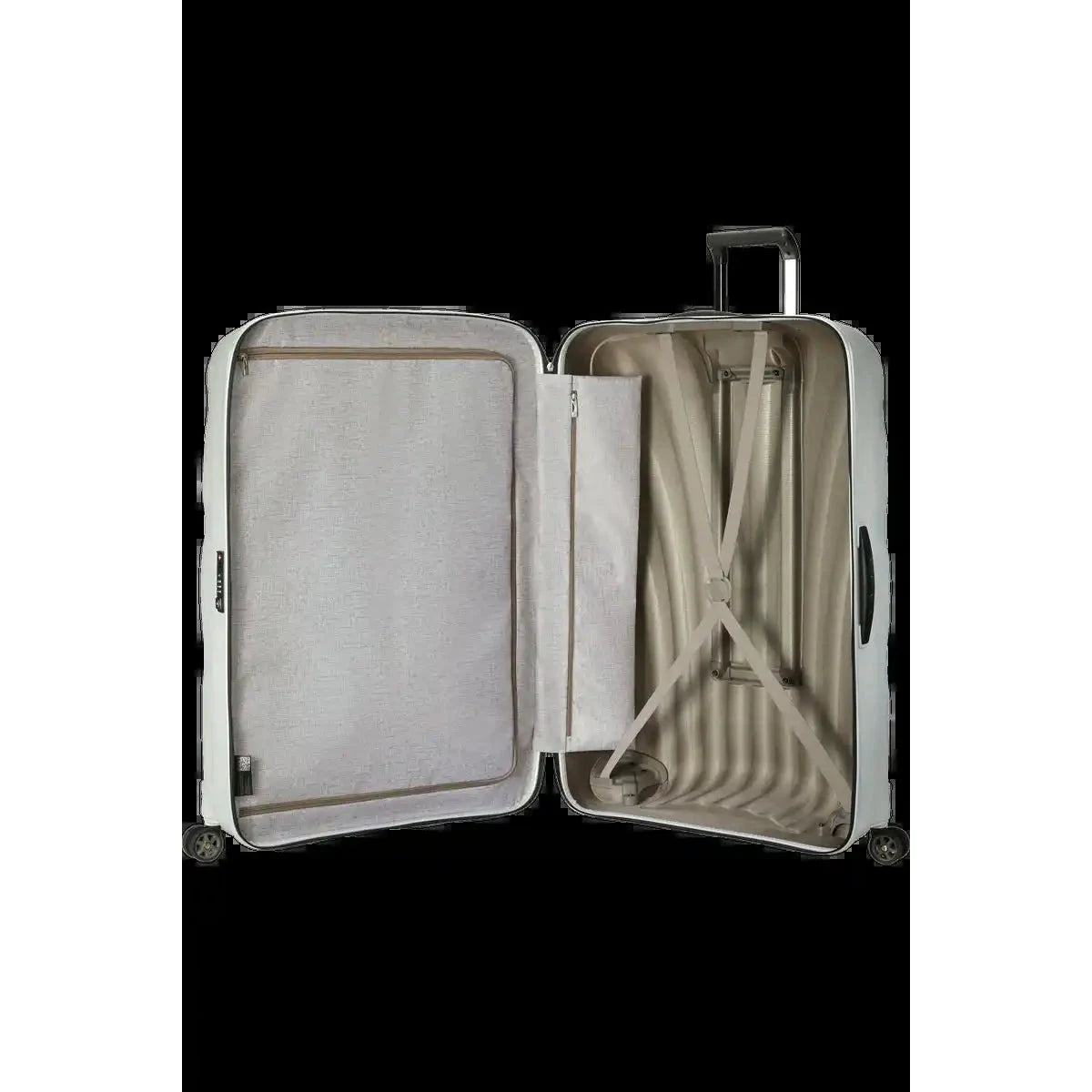מזוודה גדולה XXL ג'מבו 33 אינץ' Samsonite C-Lite פתוחה, תא פנימי בנפח 144 ליטר עם רצועות אלסטיות ומחיצה ברוכסן