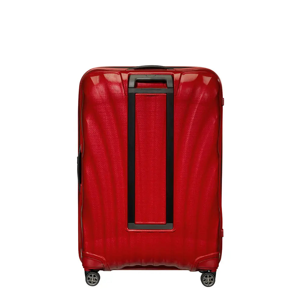 מזוודה גדולה XXL ג'מבו 33 אינץ' Samsonite C-Lite בצבע אדום צ'ילי, מבט גב עם 4 גלגלי סיליקון כפולים וספינר 360