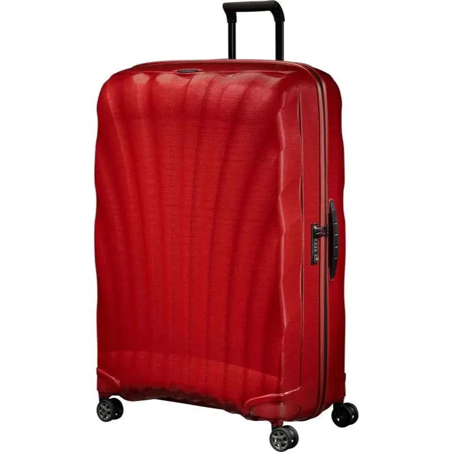 מזוודה גדולה XXL ג'מבו 33 אינץ' Samsonite C-Lite בצבע אדום צ'ילי, עשויה מחומר CURV קשיח וקל משקל, מבט זווית